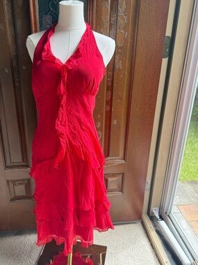 Red Silk Halter Ruffle Midi Dress